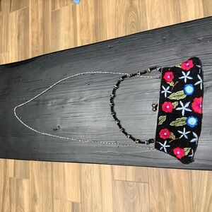 Floral Embroidered Black Clutch